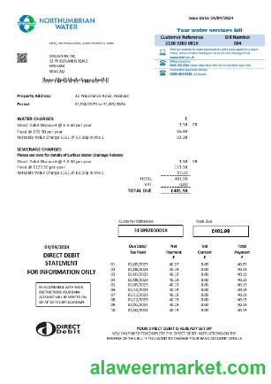 United Kingdom Northumbrian Water business utility bill template in Word and PDF formats, version 2